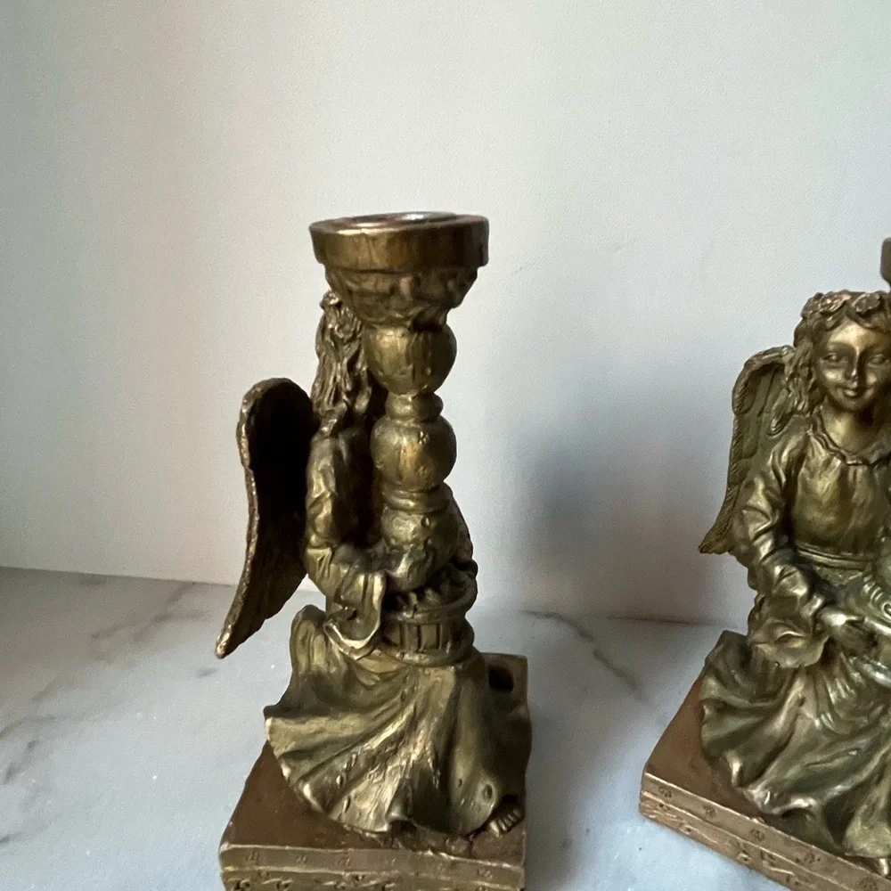 Classics Pair Vintage Angels Carved Candlestick Holders